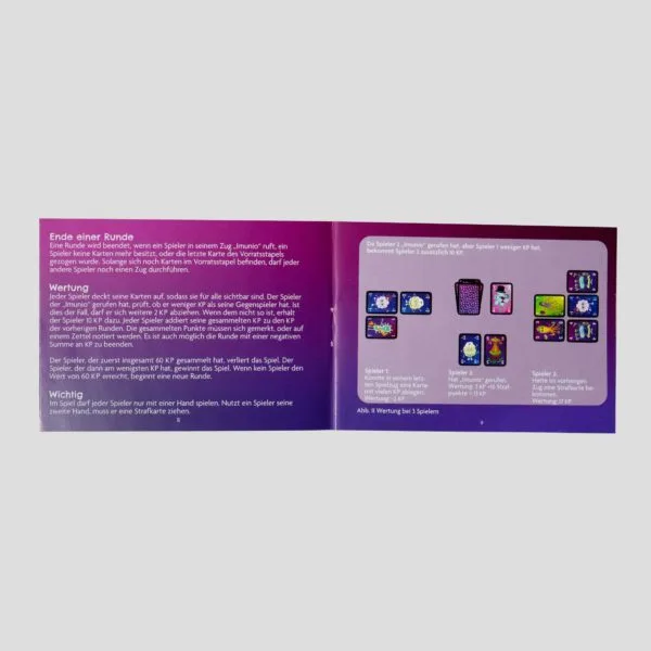 Imunio rulebook explaining the mechanics of memory, quick reactions, and teamwork to stop the bacteria's party.