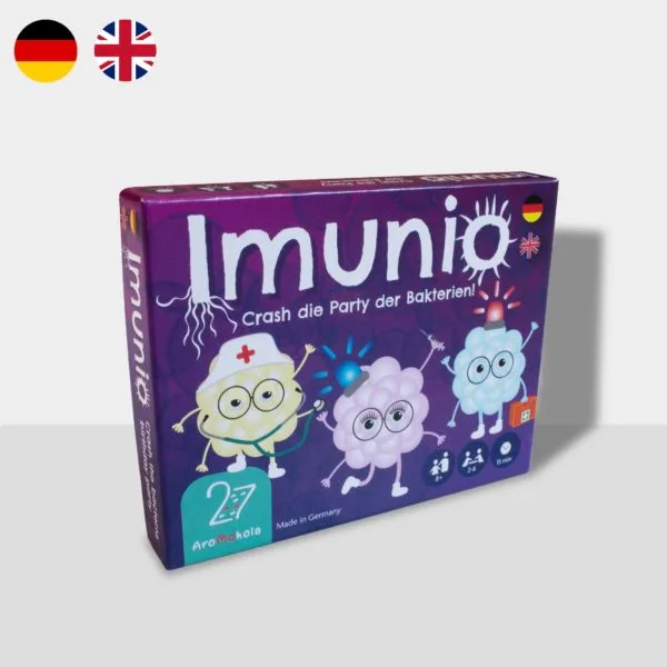 Cover of Imunio showing vibrant bacteria characters in a fast-paced card game setting.
