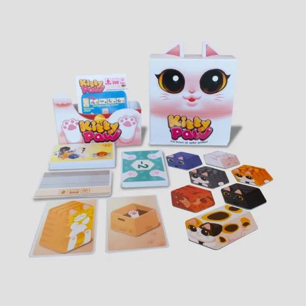All components of Kitty Paw displayed, including kitten tiles, Kitty cards, and instructions for playing.