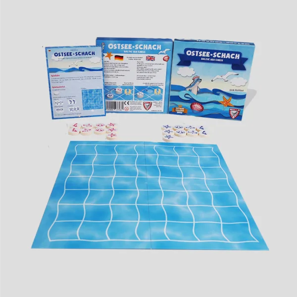 All components of Ostseeschach displayed, including the game board, animal tokens, player pieces, and instruction manual, offering an overview of the gameplay.