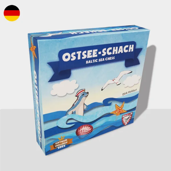 Cover image of Ostseeschach, featuring vibrant illustrations of Baltic sea animals ready to compete in a tournament-style chess game.