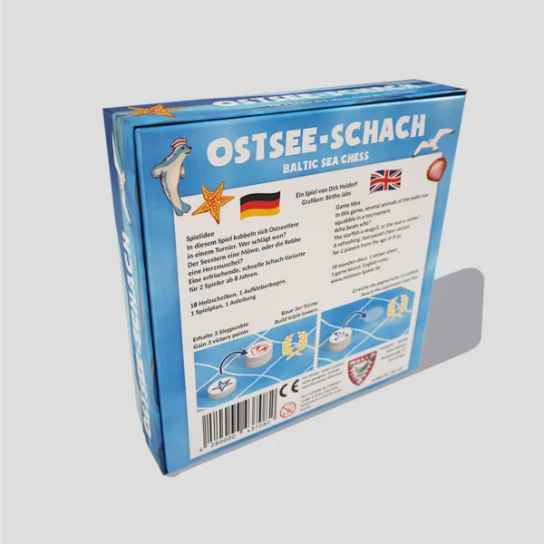Back of the Ostseeschach box, displaying game details and artwork of Baltic sea animals, emphasizing its unique chess variant mechanics.