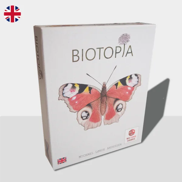 Cover image of BIOTOPIA featuring colorful butterflies and vibrant flower gardens, setting the stage for a fun and competitive card game.