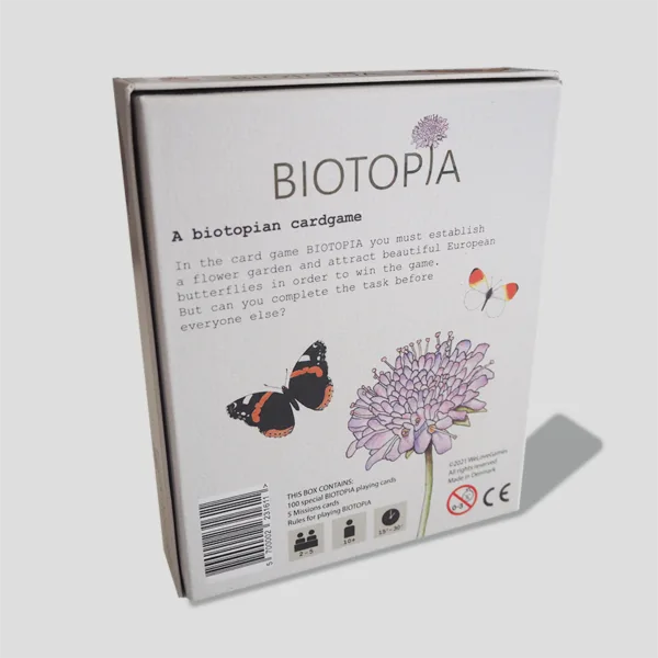 Back of the BIOTOPIA box showing game details and highlighting the strategic garden-building gameplay where players compete to attract butterflies.