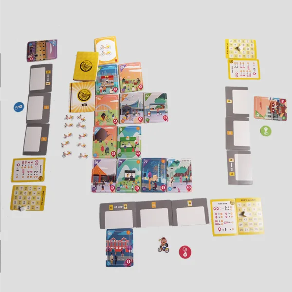 Gameplay example of UBike Tours: Taiwan with players placing travel cards, building their Journeys, and using the UBike system to explore scenic Taiwan.