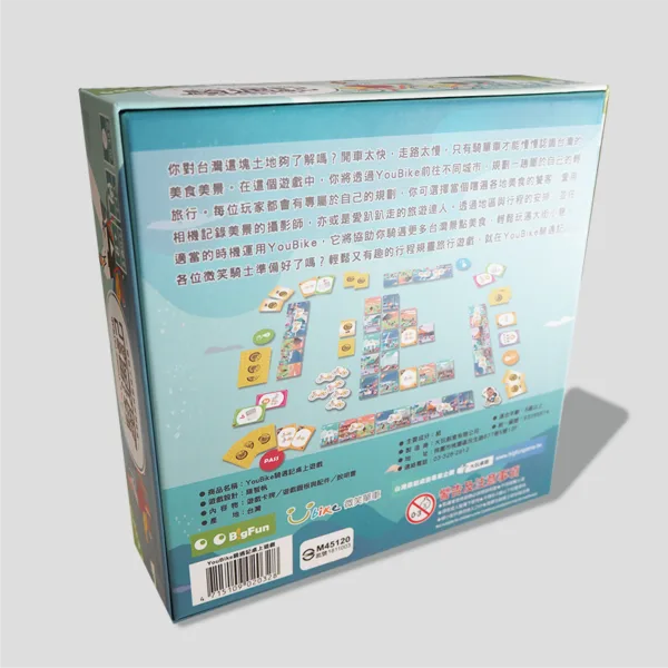 Back of the UBike Tours: Taiwan box showcasing game details, scenic routes, and how players can push their luck to complete their travel Journey.