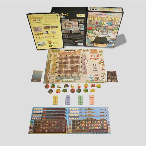 All materials from Dadaocheng laid out, including resource discs, player boards, cards, and tokens, offering a rich puzzle-like gameplay experience.