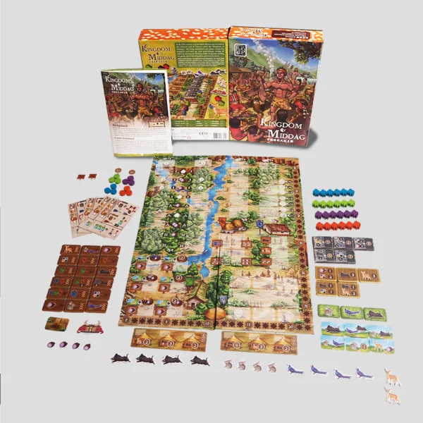 All materials from Kingdom of Middag laid out, including tribe member meeples, resource tokens, cards, and the game board featuring various huts and fields.