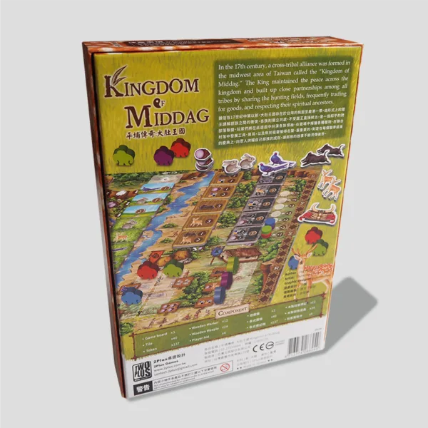 Back of the Kingdom of Middag box showcasing game details, resource management strategies, and the historical context of the 17th century Taiwanese tribes.