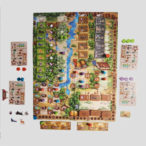 Gameplay example of Kingdom of Middag with players sending tribe members to collect resources and trade for victory points across different locations.