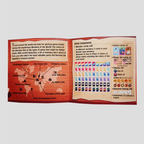 Rules booklet for Colorful Treasure explaining how to use deduction, memory, and special abilities to collect hidden gems and become the top treasure hunter.