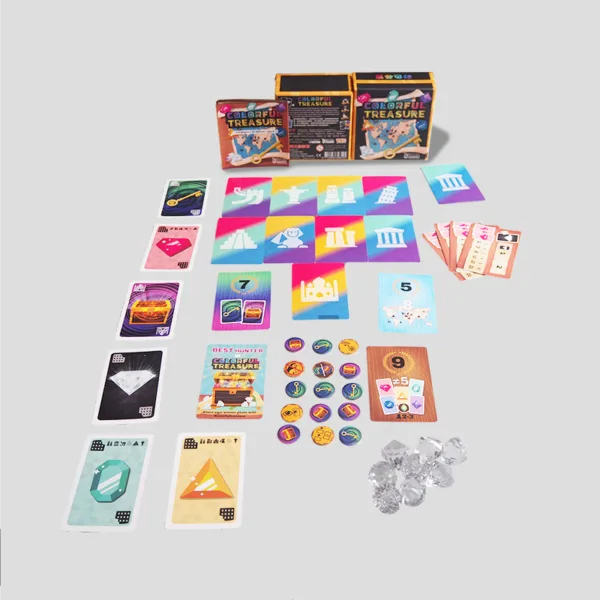 All components of Colorful Treasure laid out, including colorful cards, double-sided ability tokens, and player boards, ready for a strategic memory-based gameplay.