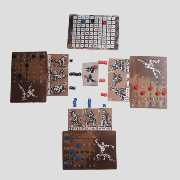 Gameplay example of Kung Fu with players rolling dice and assigning them to Kung Fu cards for attack and defense in a battle for supremacy.