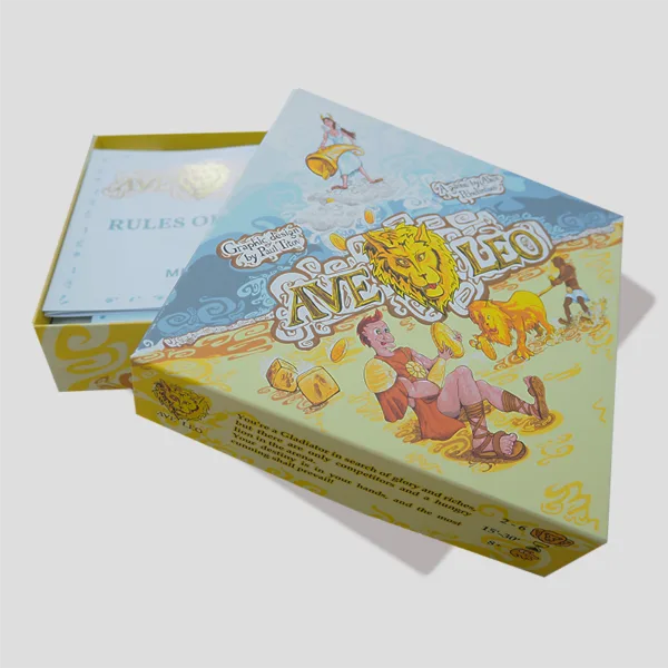 Open box of Ave, Leo! showing gladiator meeples, dice, gold coins, and the lion figure, ready for players to compete in the arena.