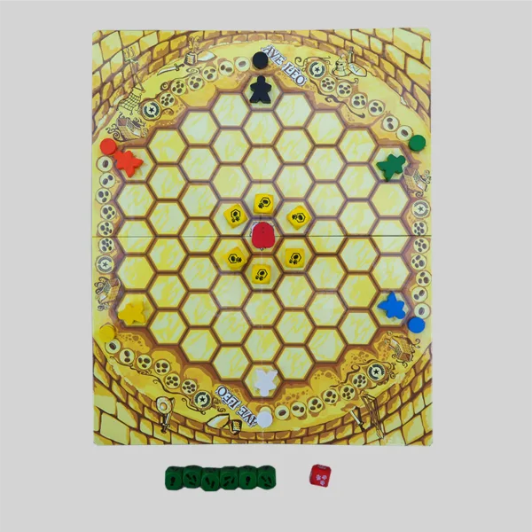 Gameplay example of Ave, Leo! with players moving their gladiator meeples, steering the lion, and collecting gold coins in the arena.