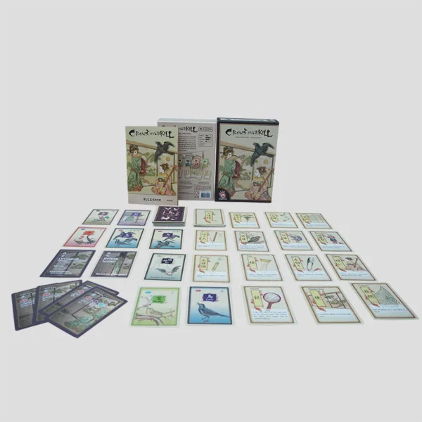 All materials from Crows Overkill laid out, including bird cards, player tokens, action cards, and the game board representing the red-light district.