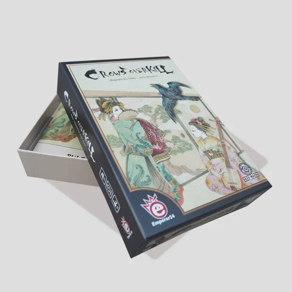 Open box of Crows Overkill showing player tokens, bird cards, and action cards used to kill or move birds.