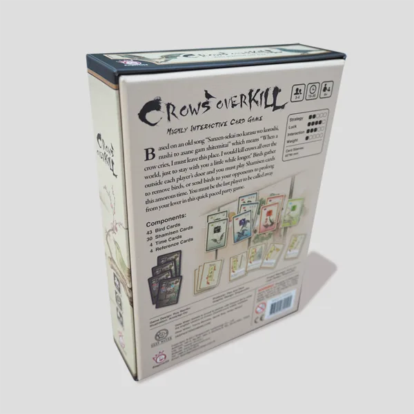 Back of the Crows Overkill box showing game details, strategic elements, and an overview of the bird-moving mechanics.