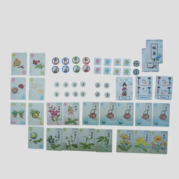 Gameplay example of Herbalism with players trading clues, analyzing ingredient cards, and attempting to discover the cure.