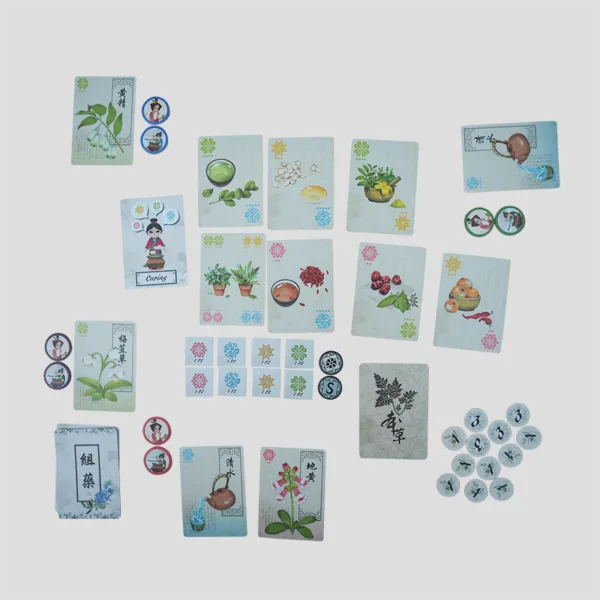 Gameplay example of Herbalism with players trading clues, analyzing ingredient cards, and attempting to discover the cure.