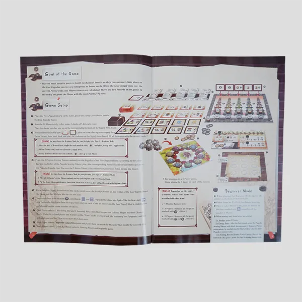 Rules booklet for Jiguan explaining how to gather parts, gain energy, build mechanical beasts, and earn Honor Points to win the game.