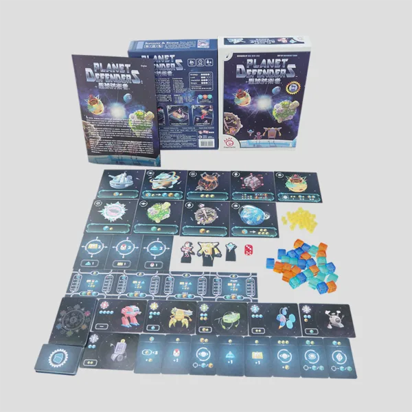 All materials from Planet Defenders laid out, including robot figures, energy tokens, research points markers, tech upgrade cards, and the game board.