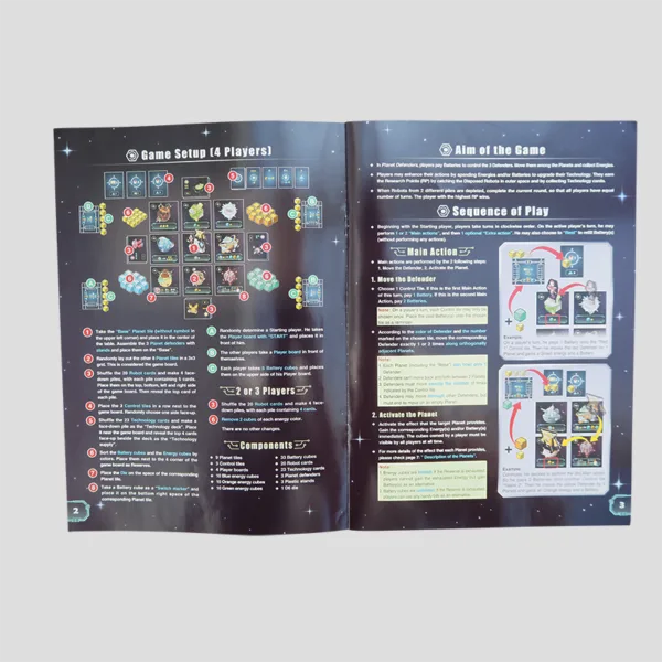 Rules booklet for Planet Defenders explaining how to command robots, gather energy, upgrade technology, and win by earning the most research points.