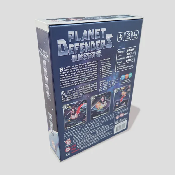 Back of the Planet Defenders box showing game details, strategic elements, and an overview of the robot-commanding and energy-collecting mechanics.