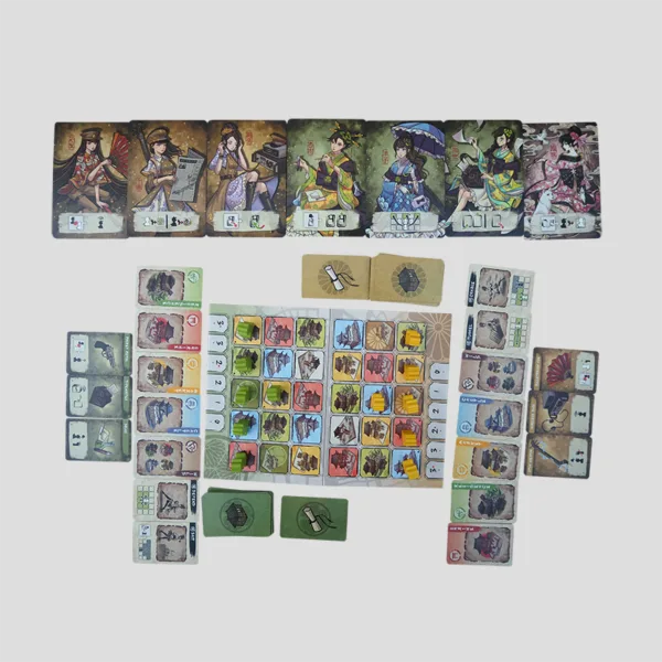 Gameplay example of Shadows in Kyoto, with two players moving their agents on the board, capturing decoys, and gathering intelligence.