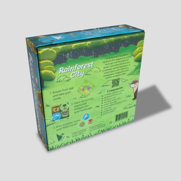 The back of the Rainforest City box showing the game’s theme and details.