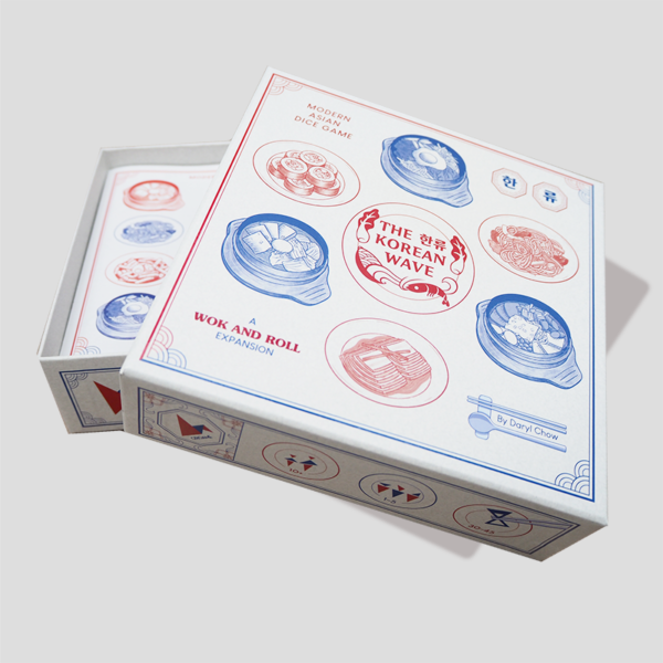 The opened Korean Wave box showing game components like menus and dice.