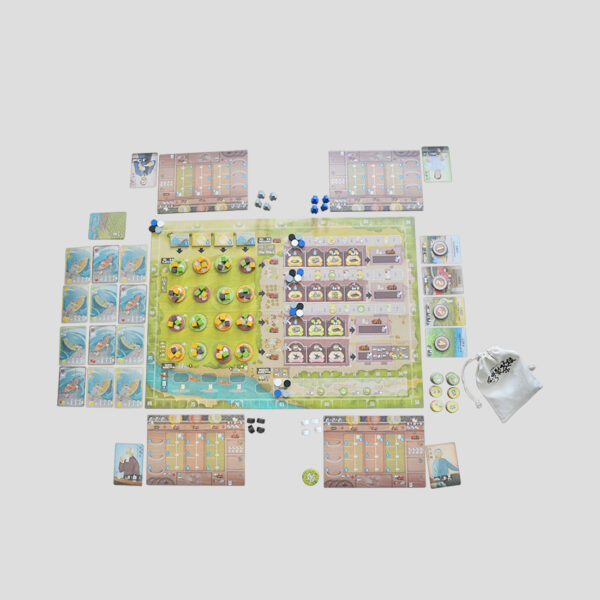 Players using workers to harvest, process, and sell tea on the board.