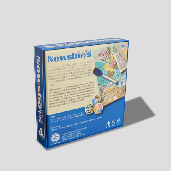 The back of the Newsboys box showcasing the gameplay and components.