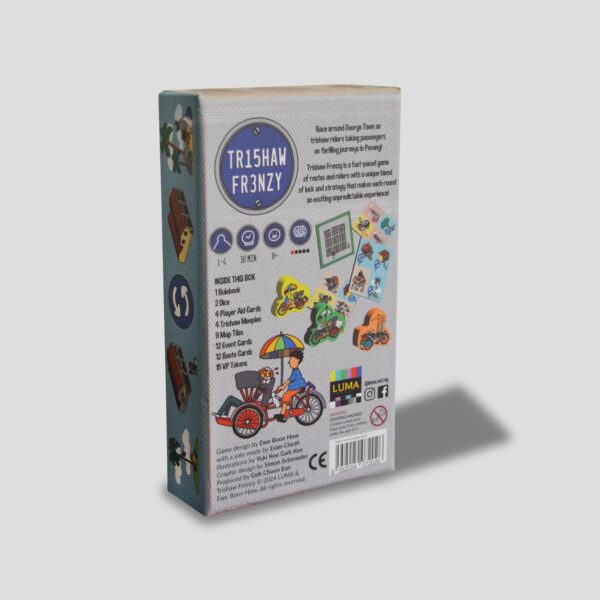 The back of the Trishaw Frenzy box showing gameplay and unique features.