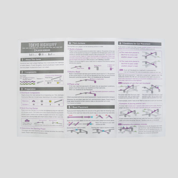 Das Regelbuch von Tokyo Highway 2 Player, das Konstruktion, Punktewertung und Strafen erklärt.