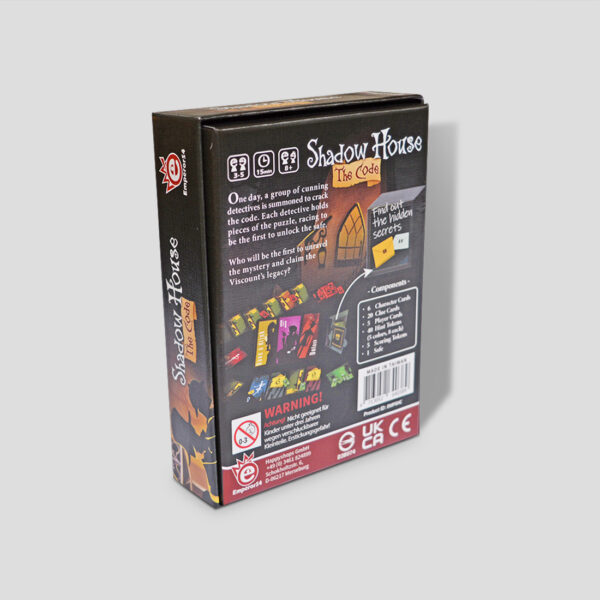 Rückseite der Shadow House: The Code Box mit Spielmechaniken und Spielmodi.