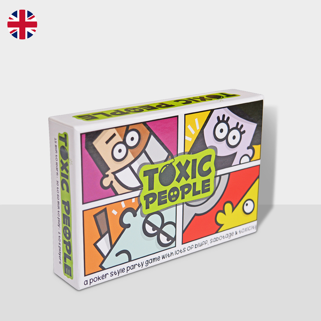 Cover of Toxic People party game featuring poker chips and action cards.