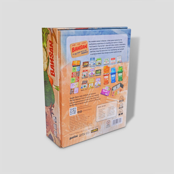 Back of the Bansan box showcasing gameplay and market-themed features.