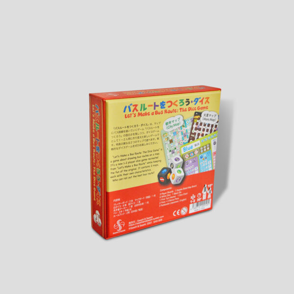 Rückseite der Let's Make a Bus Route Box mit Spielmechaniken und Karten.