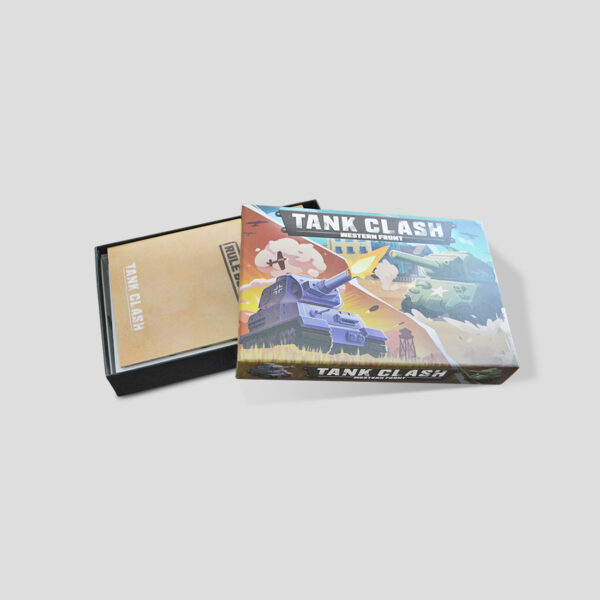 The opened Tank Clash box showing tanks, terrain boards, and dice.